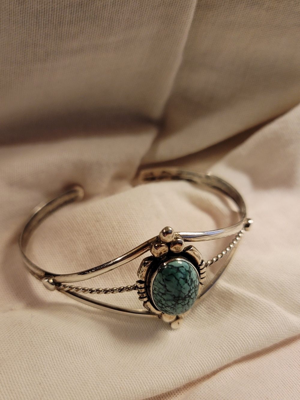 Vtg Marie Bahe Sterling Silver Cuff Bracelet with Turquoise Stone